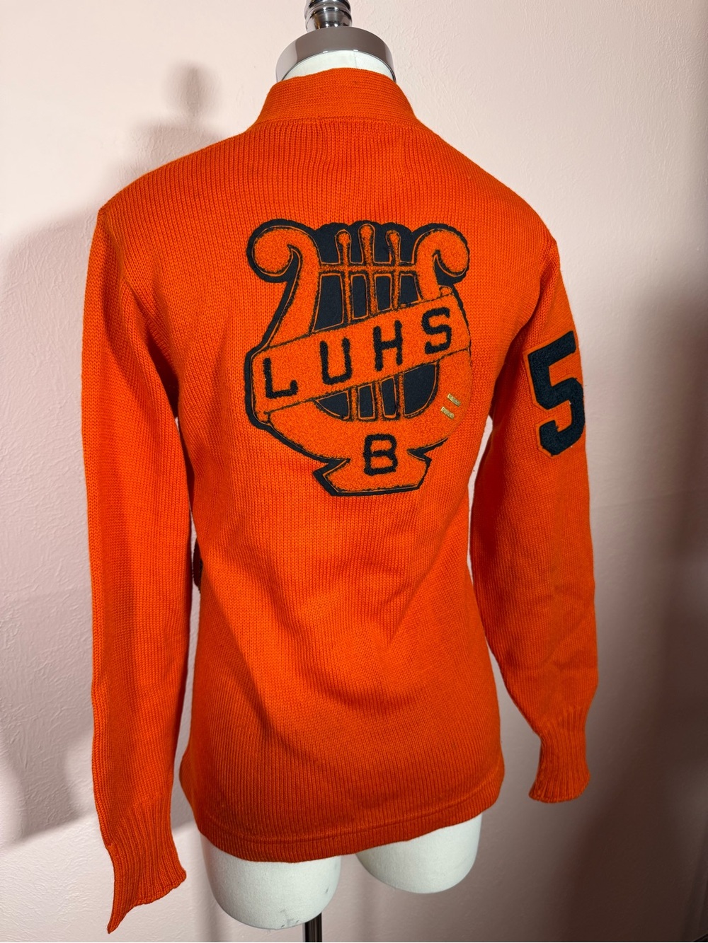 Vintage 1950’s burnt orange 100% wool Letterman’s cardigan sweater LUHS medium